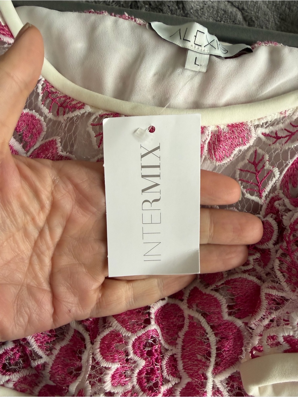 ALEXIS Paula Pink & Ivory Embroidered Off Shoulder Ruffle Dress Mini Size L NWT - Picture 7 of 8